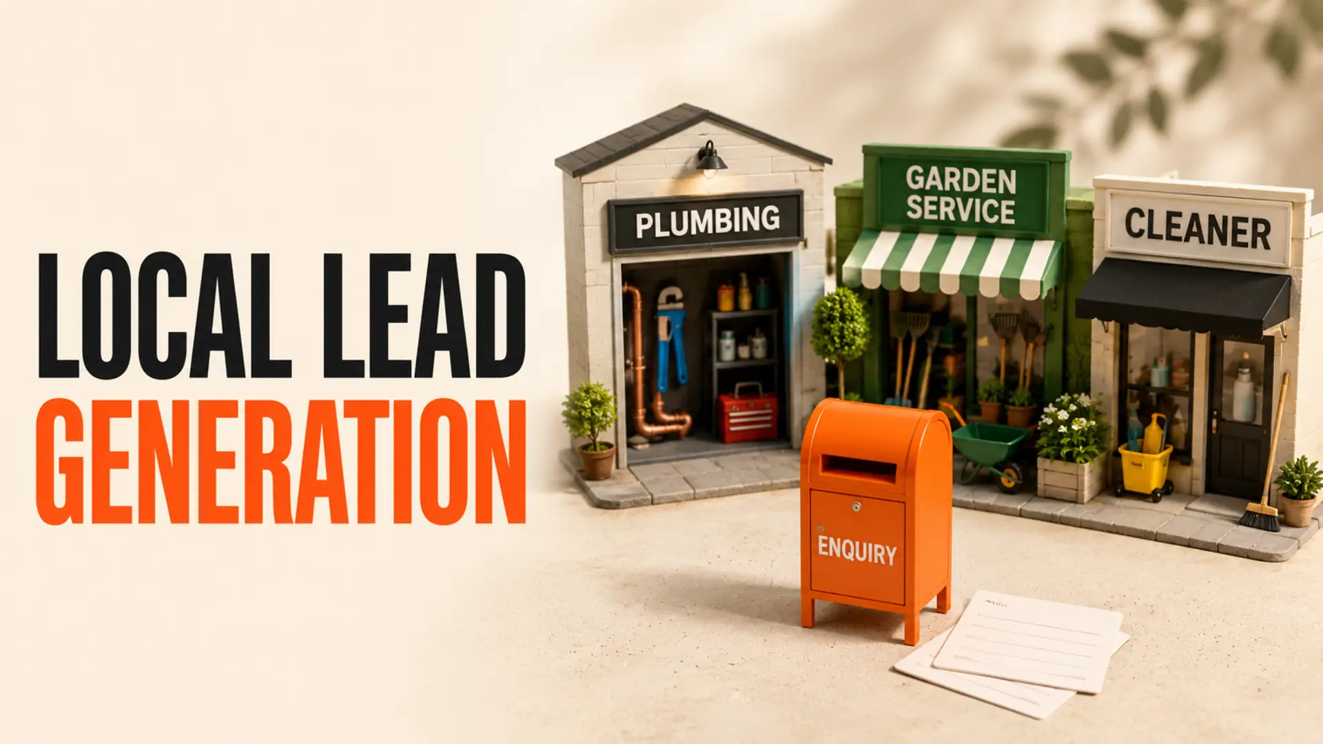 Miniature local service businesses and an enquiry mailbox beside the headline Local Lead Generation