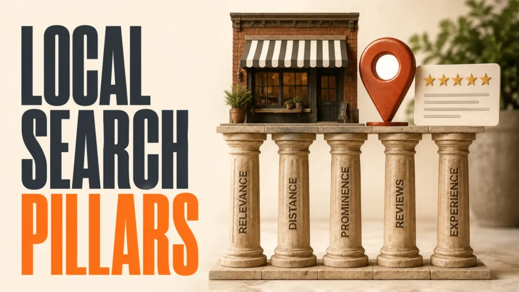 Five sturdy local search pillars supporting a contractor storefront beside the headline Local Search Pillars