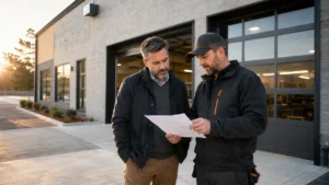 Commercial property manager reviewing a local service project with a qualified business owner
