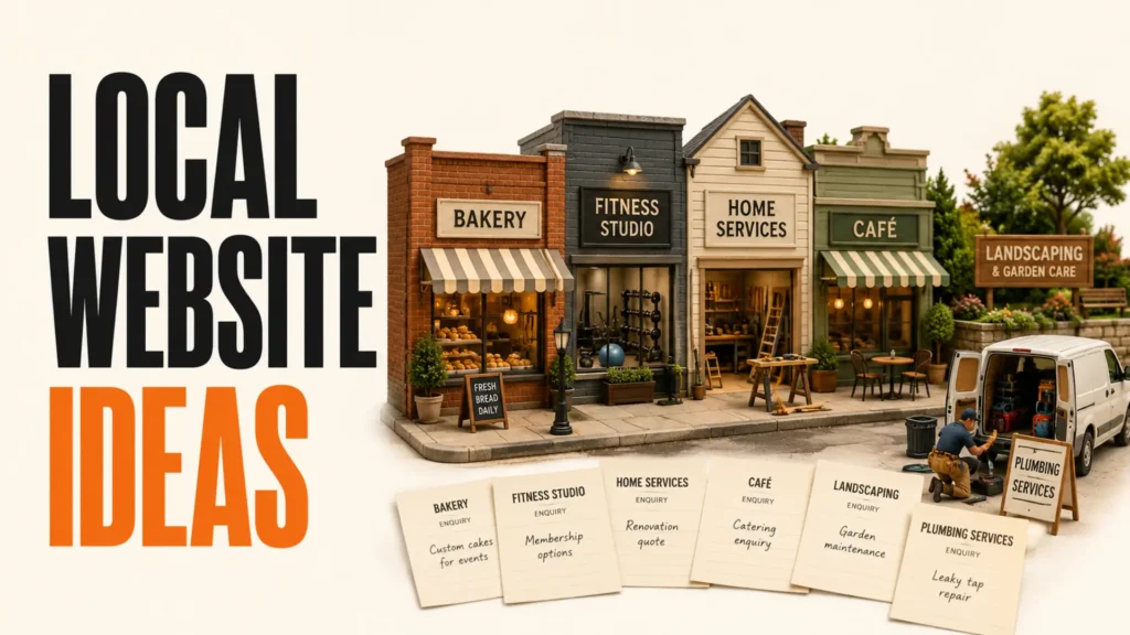 Miniature local service streetscape beside the headline Local Website Ideas