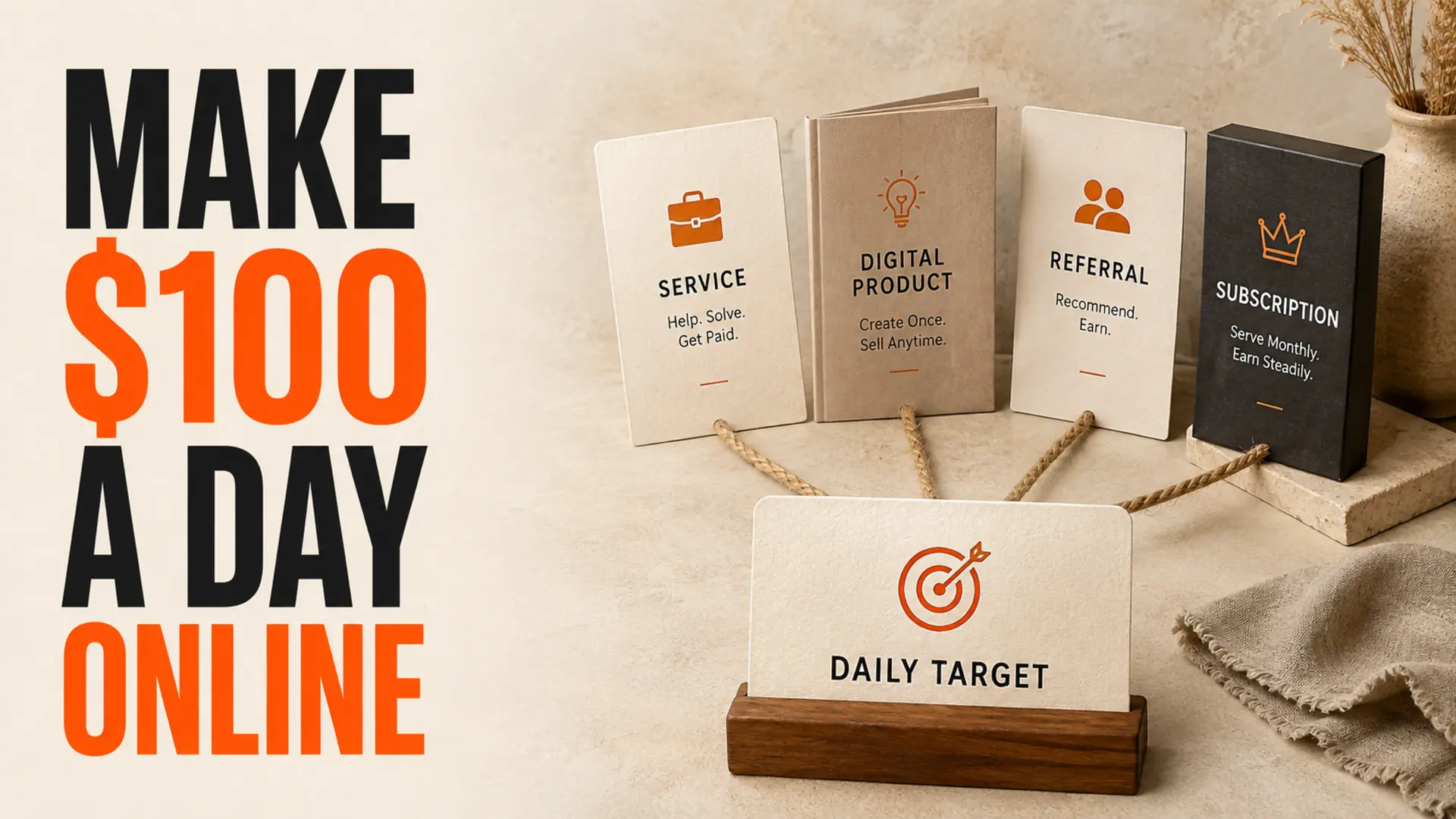Website revenue models with a $100 daily target beside the headline Make $100 a Day Online