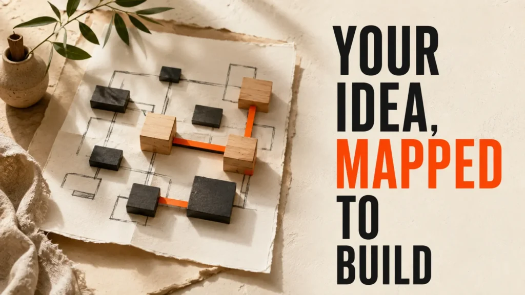 Business architecture mapped with paper, wood blocks and orange connectors beside the headline Your Idea, Mapped to Build