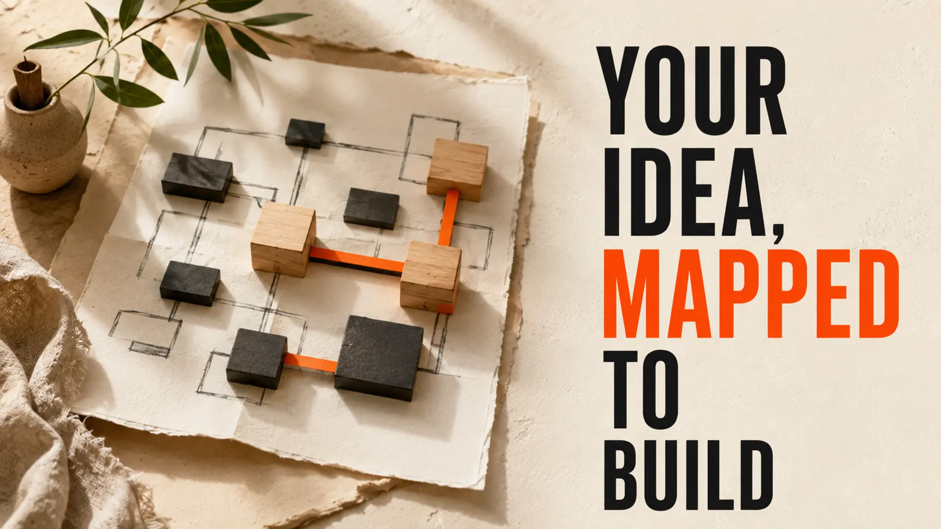Business architecture mapped with paper, wood blocks and orange connectors beside the headline Your Idea, Mapped to Build