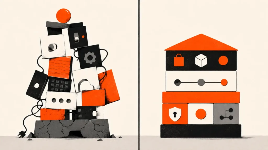 Unstable stack of ten online business mistakes compared with a focused and secure business foundation