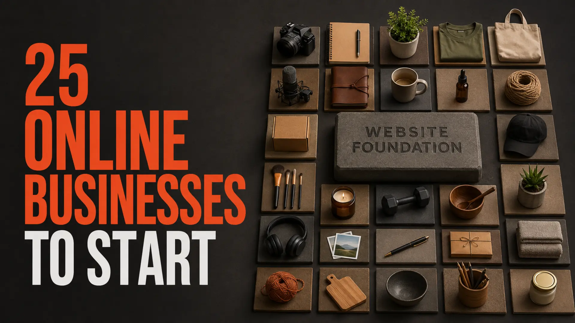 Twenty-five business activity tiles beside the headline 25 Online Businesses to Start