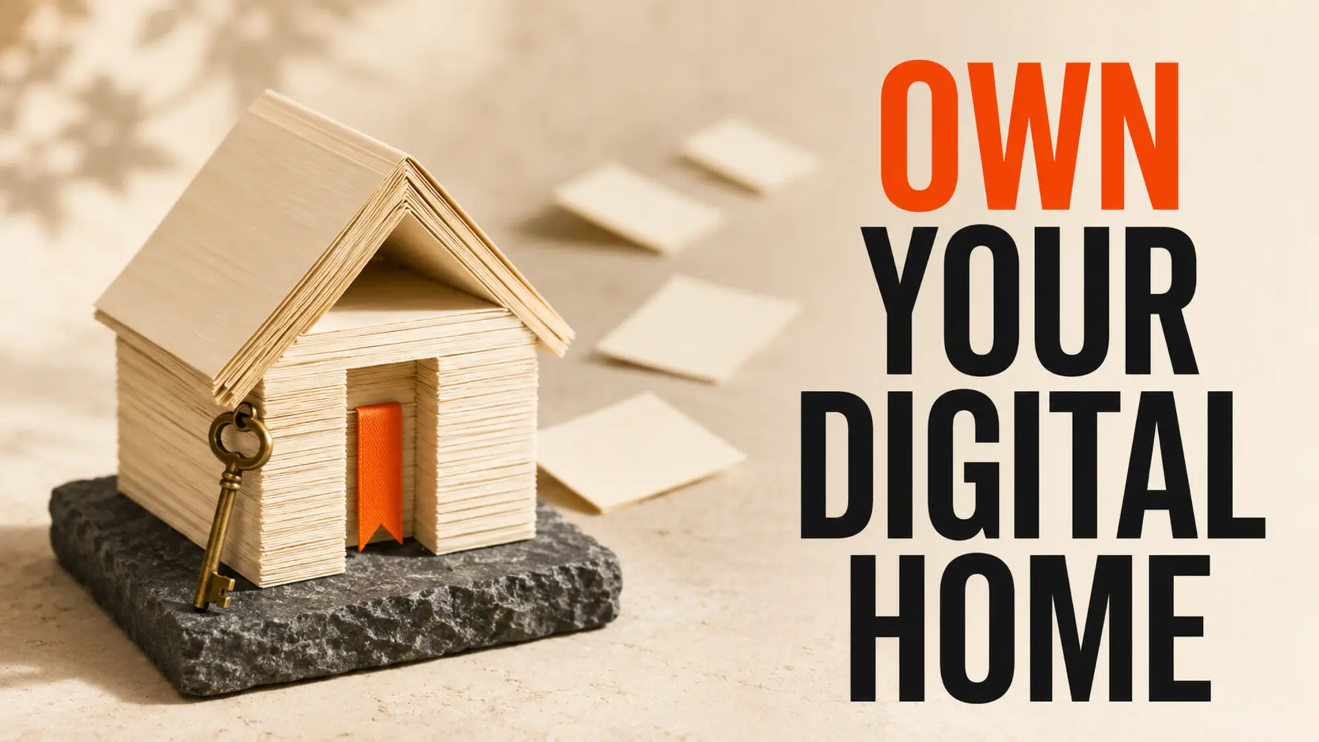 Paper-built content house on a solid foundation beside the headline Own Your Digital Home