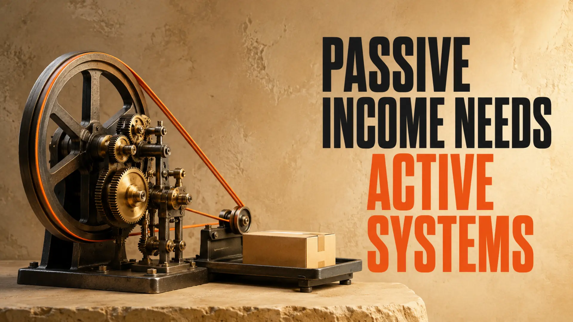 Mechanical flywheel and gears producing a parcel beside the headline Passive Income Needs Active Systems