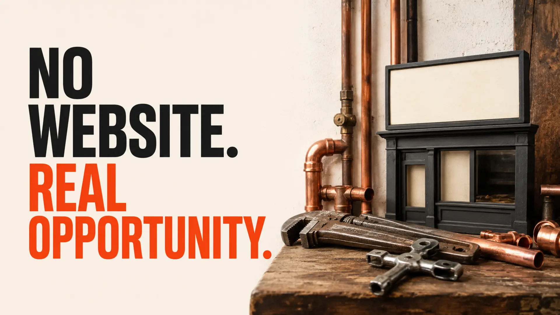 Plumbing tools and blank storefront beside the headline No Website, Real Opportunity
