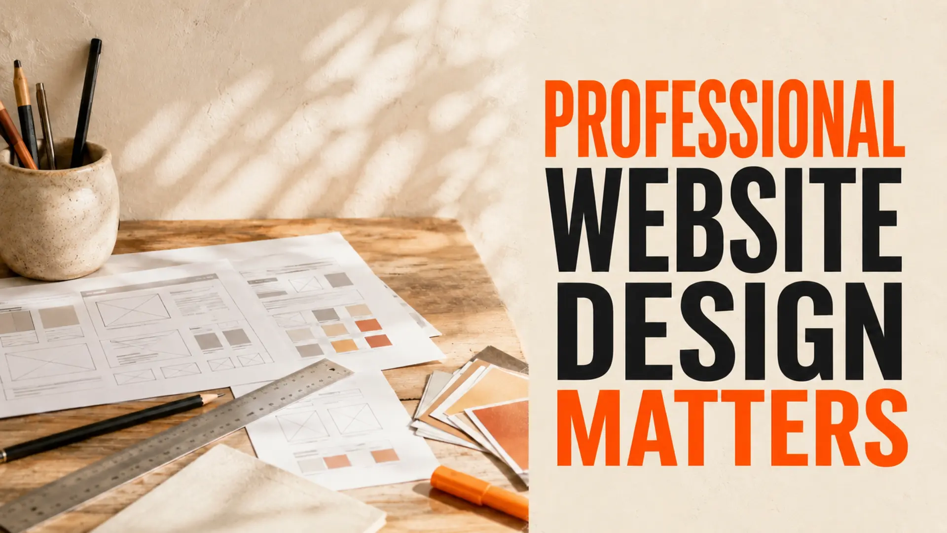 Professional website design plans with wireframes, ruler, pencils and orange colour swatches