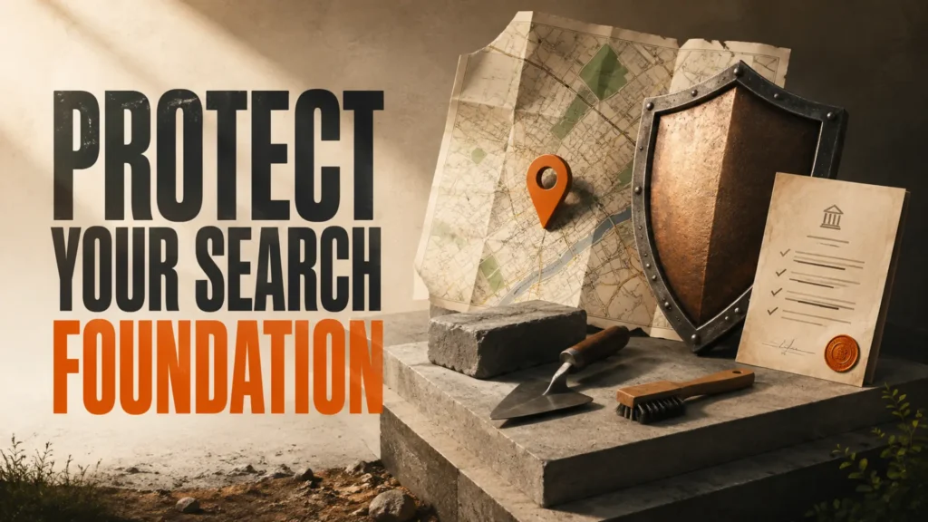 Website foundation with shield and maintenance tools beside the headline Protect Your Search Foundation