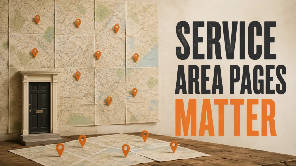 Local map tiles and service markers beside the headline Service Area Pages Matter