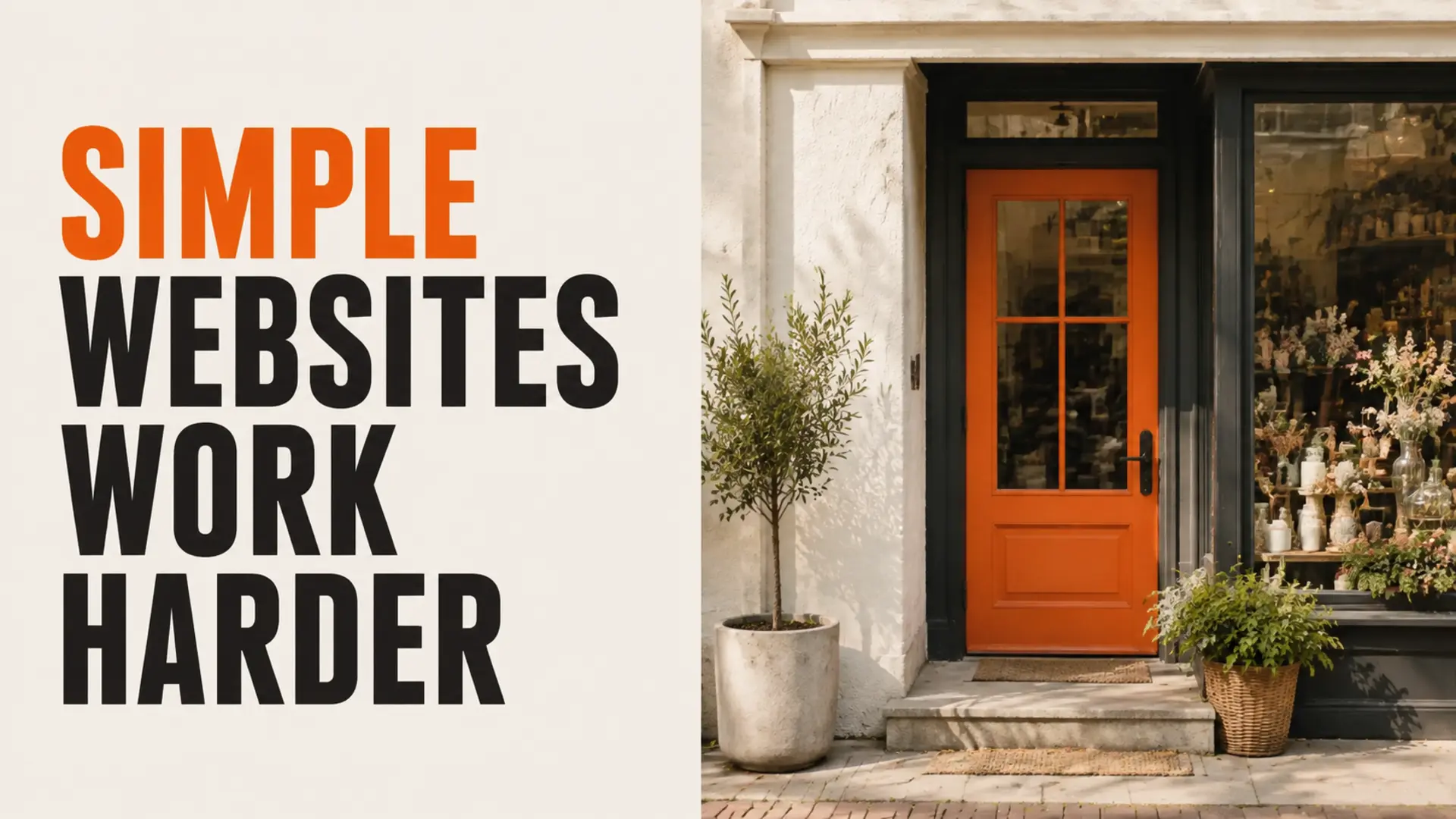 Clear storefront entrance beside the headline Simple Websites Work Harder