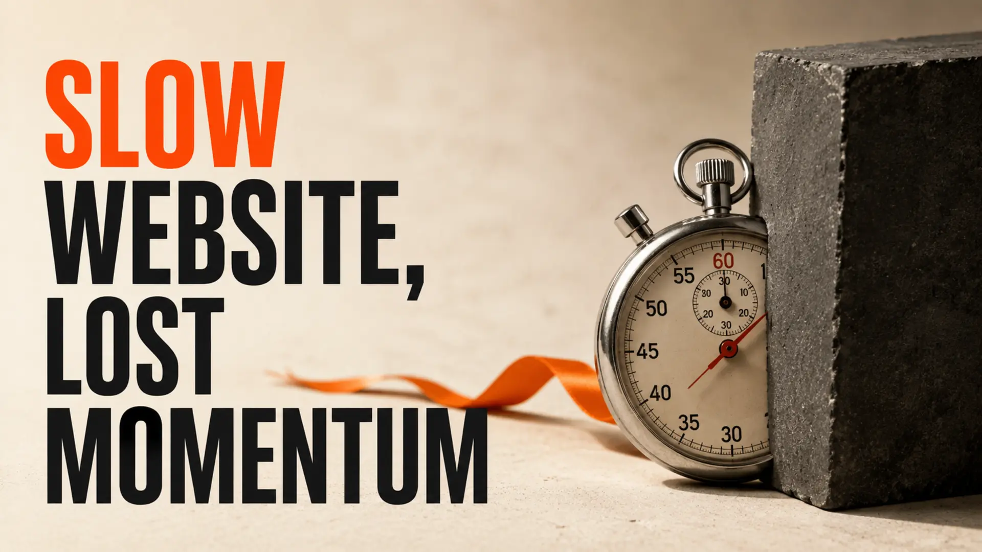Stopwatch blocked by a heavy stone beside the headline Slow Website, Lost Momentum