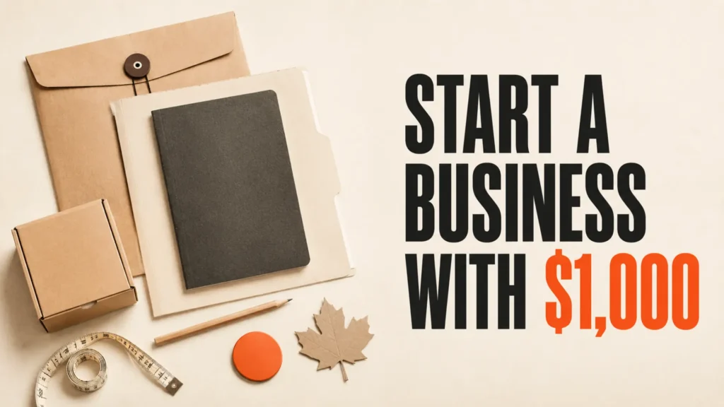 Startup planning kit with budget envelope, registration folder and maple leaf beside the headline Start a Business With $1,000