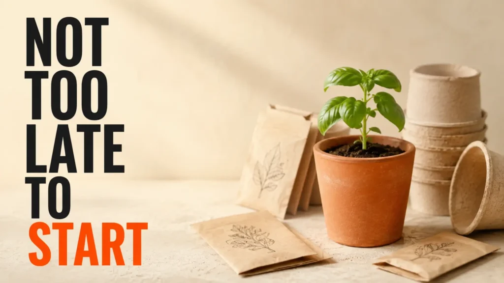 Young plant in an orange pot beside the headline Not Too Late to Start