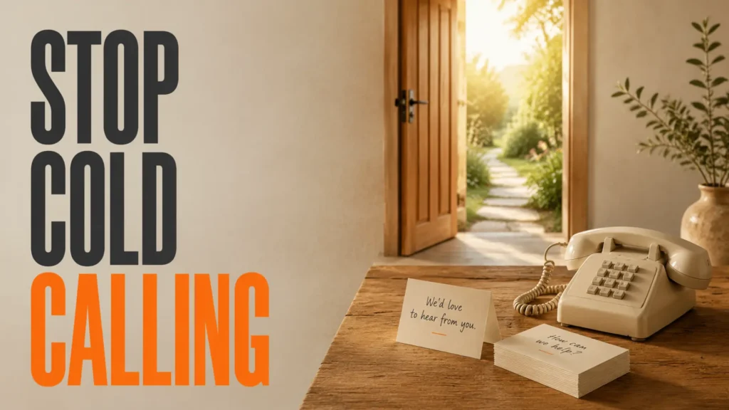 Telephone set aside beside a welcoming enquiry doorway and the headline Stop Cold Calling