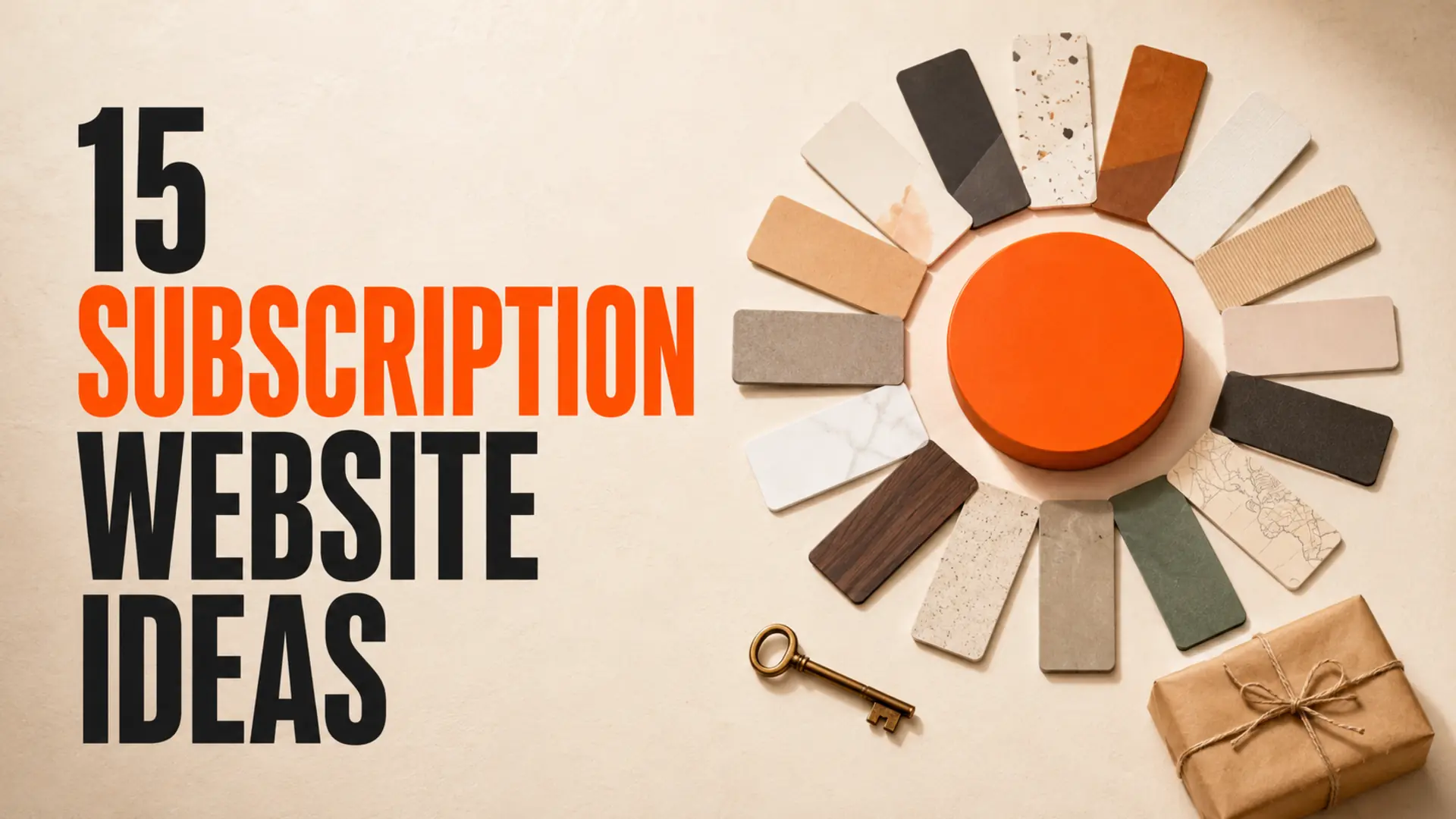 Fifteen membership cards surrounding an orange subscription hub beside the headline 15 Subscription Website Ideas