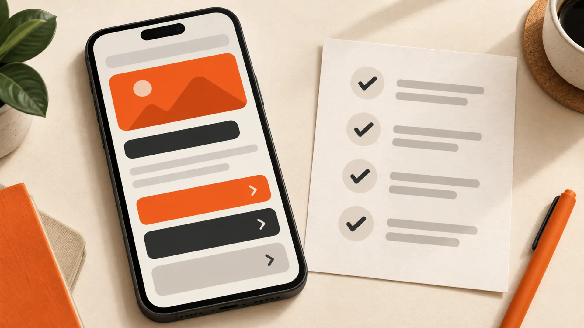 Mobile website interface with large spaced buttons and a usability checklist