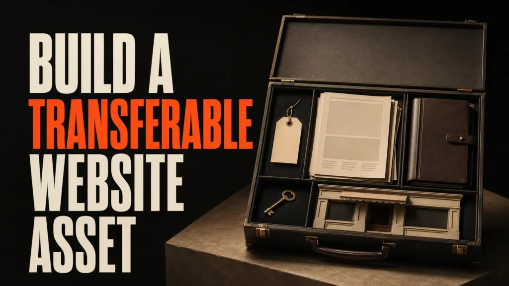 Archival asset case with website documents, domain tag, key and storefront beside the headline Build a Transferable Website Asset