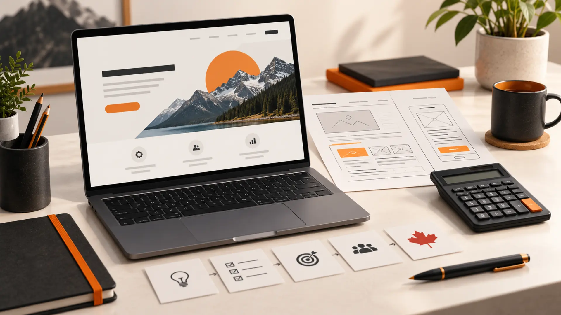 Laptop, website wireframes, calculator and project planning cards representing custom website costs in Canada