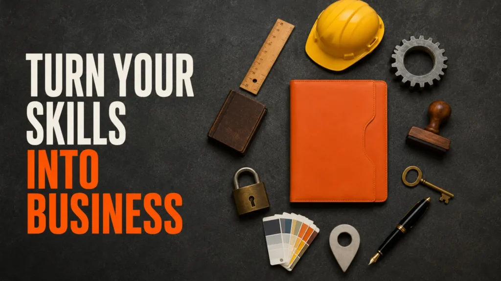 Ten professional skill objects surrounding an orange portfolio beside the headline Turn Your Skills Into Business