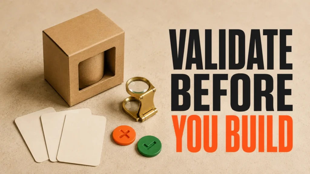 Product prototype, feedback cards and test markers beside the headline Validate Before You Build