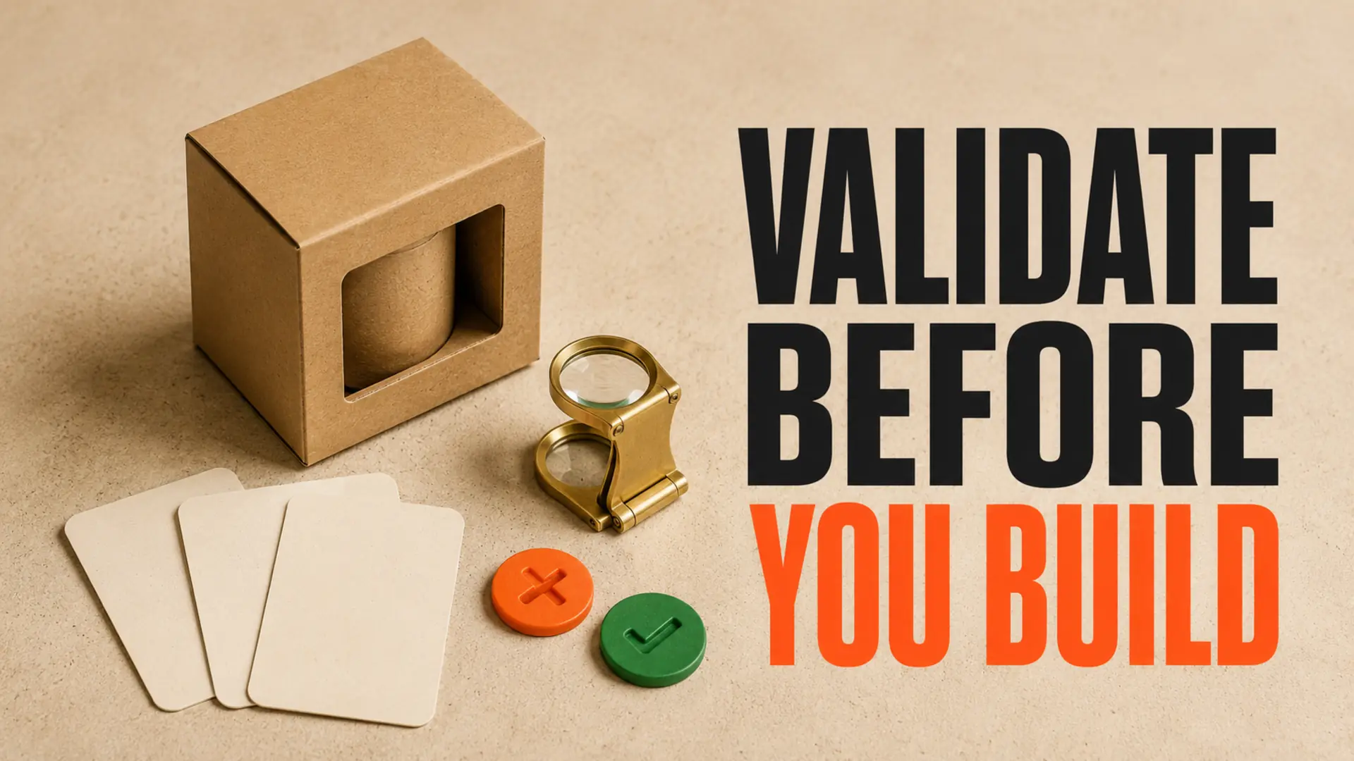 Product prototype, feedback cards and test markers beside the headline Validate Before You Build