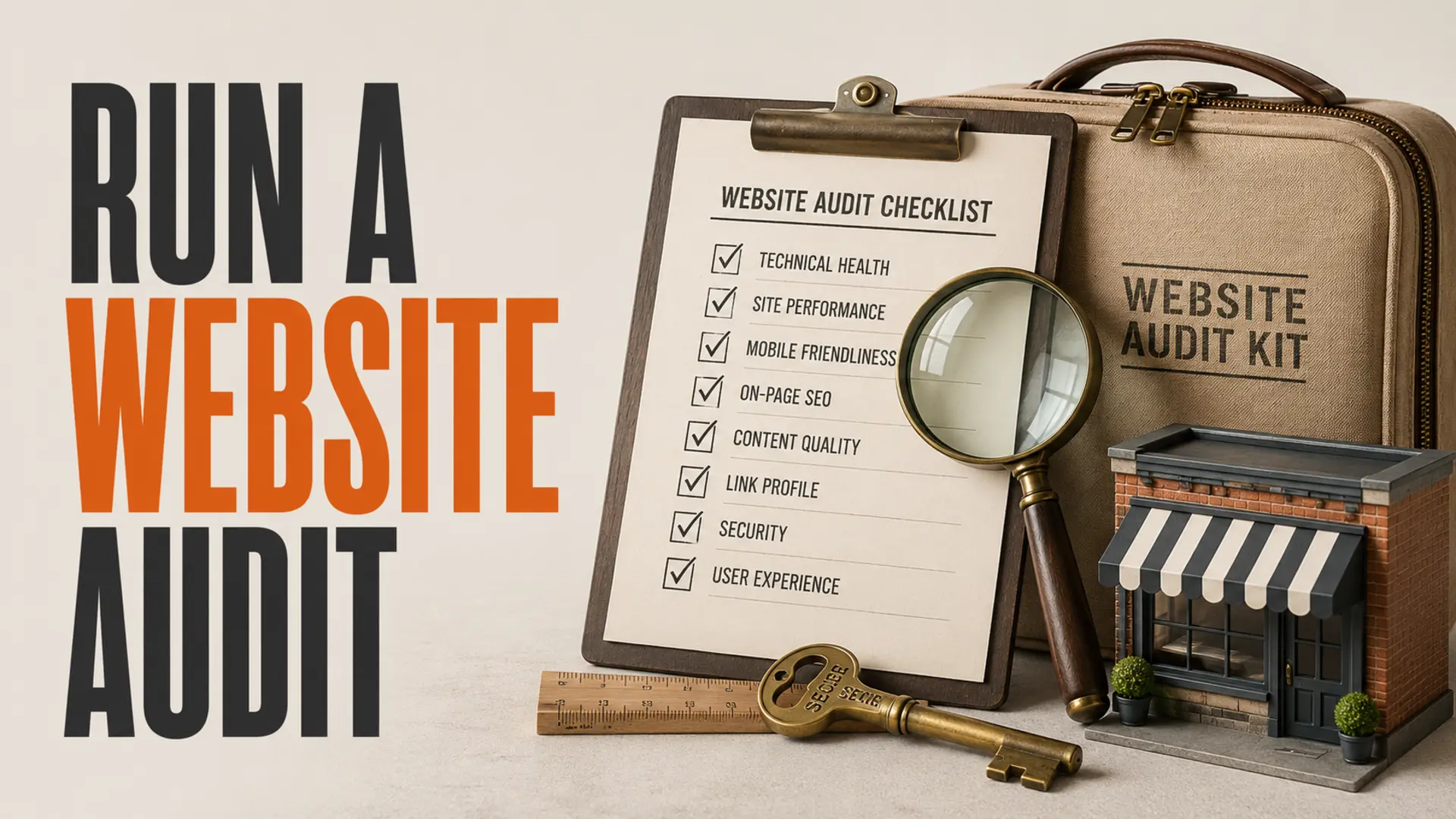 Website audit checklist with magnifying glass and secure key beside the headline Run a Website Audit