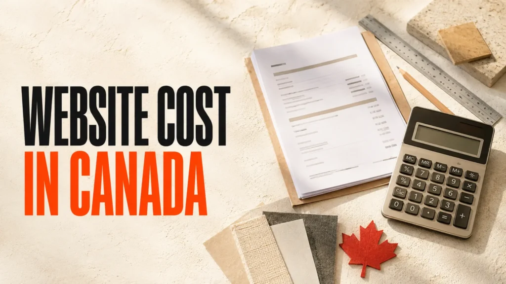 Website project estimate with calculator, proposal papers, material swatches and a Canadian maple leaf