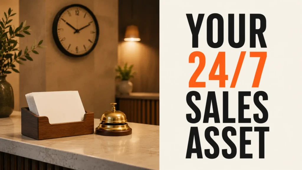 Customer enquiry station with service bell and clock beside the headline Your 24/7 Sales Asset