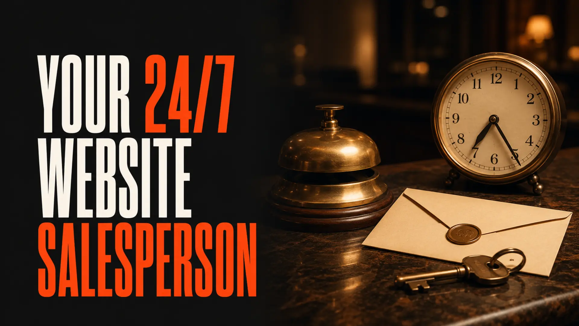 Service bell, clock and enquiry envelope beside the headline Your 24/7 Website Salesperson