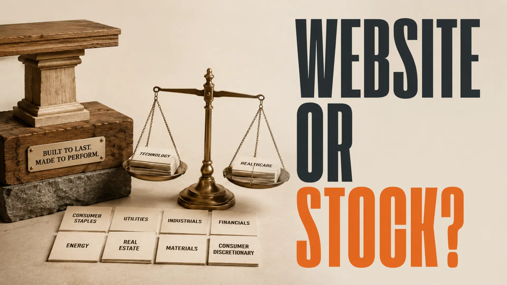 Website business foundation and diversified investment tiles beside the headline Website or Stock