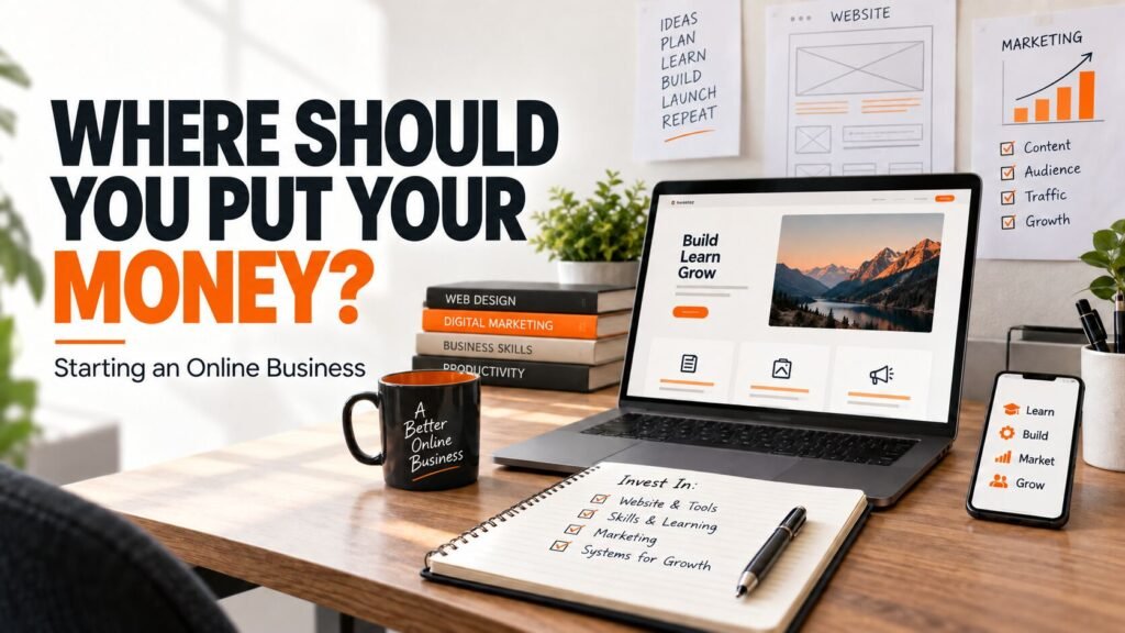 Laptop, notebook and online business planning workspace in TruWebz charcoal and orange brand colours