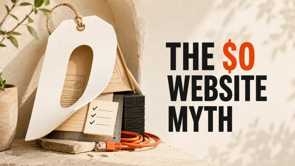 Zero-shaped price tag revealing website planning, testing, infrastructure and an orange network cable