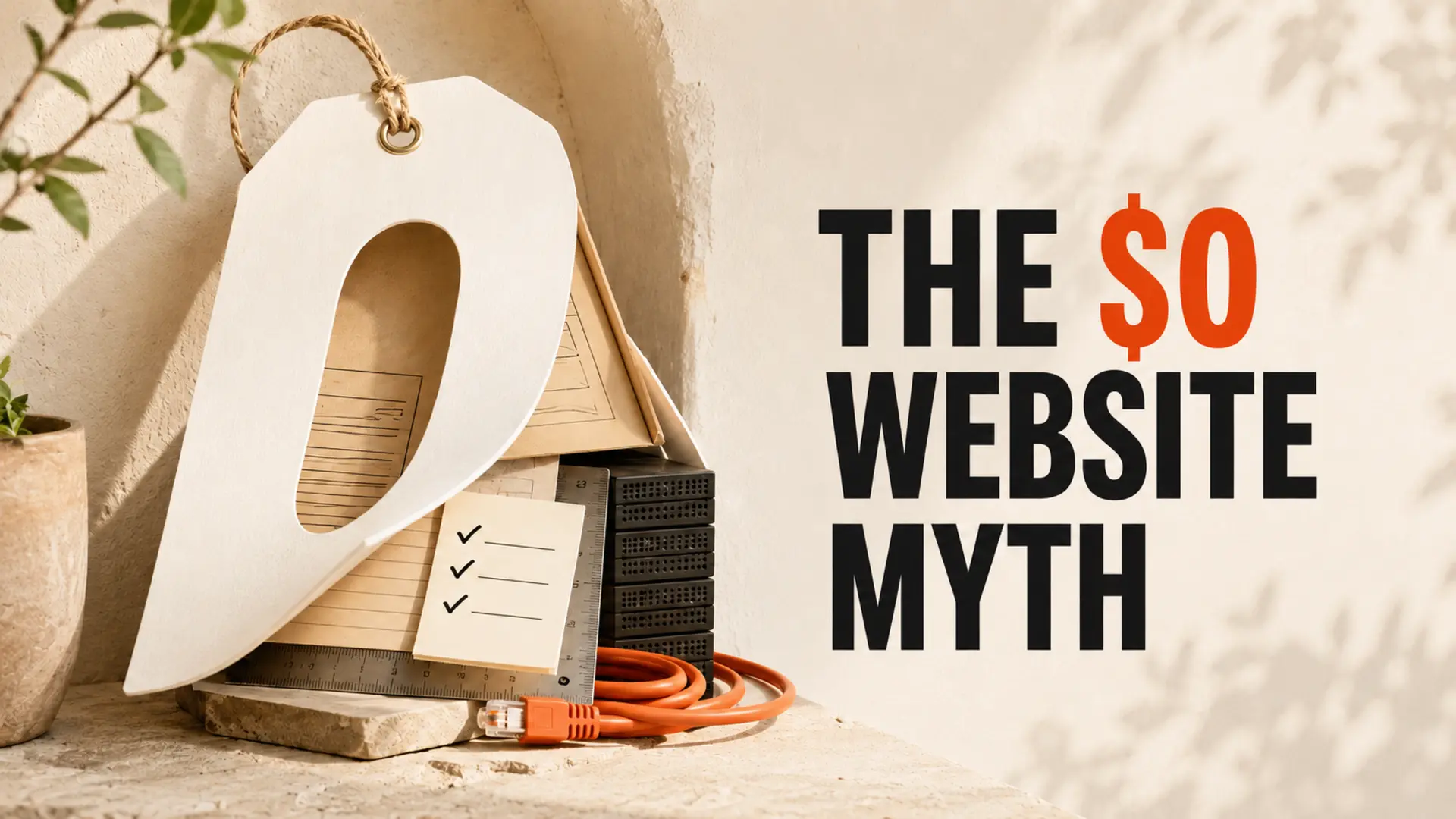 Zero-shaped price tag revealing website planning, testing, infrastructure and an orange network cable
