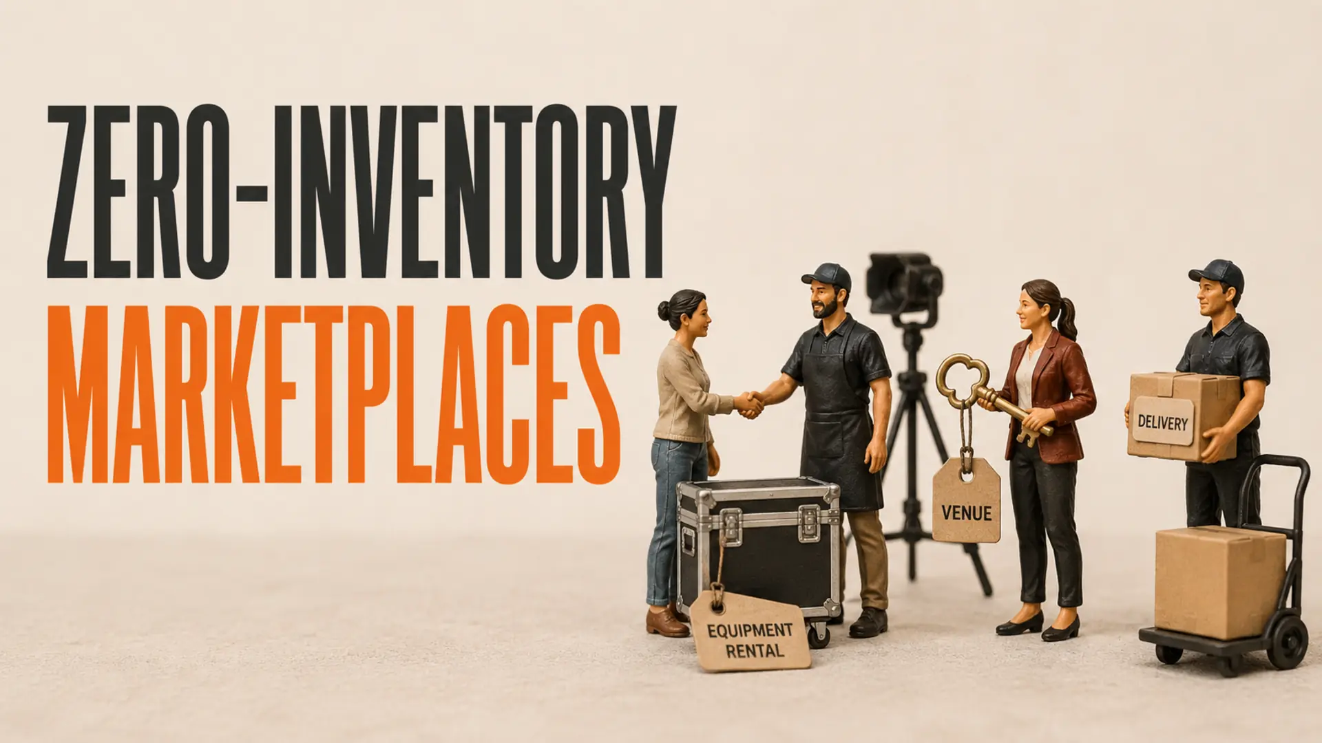 Miniature zero-inventory marketplace scene beside the headline Zero-Inventory Marketplaces